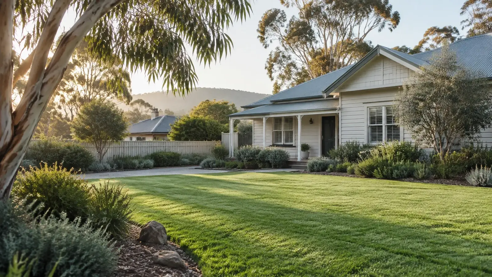 freshly mown lawn in front of a warm Australian home in Seymour